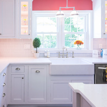 Red and White Kitchen with Farmhouse Sink in Newtown Square, PA