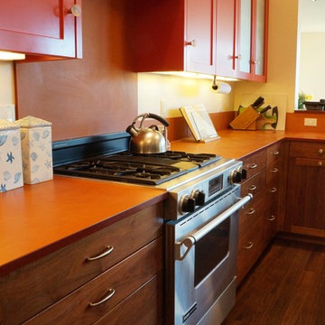 red, brown and gold kitchen