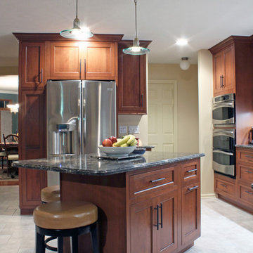Red Cherry Transitional Kitchen with Cherry Island