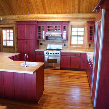 Red distressed kitchen cabinets
