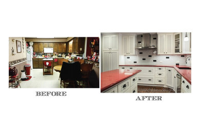 Example of a mid-sized cottage l-shaped eat-in kitchen design in Dallas with an undermount sink, beaded inset cabinets, white cabinets, quartz countertops, multicolored backsplash, subway tile backsplash, white appliances and an island