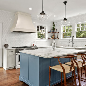 Refreshed Farmhouse Kitchen Backsplash with White Hex Tiles