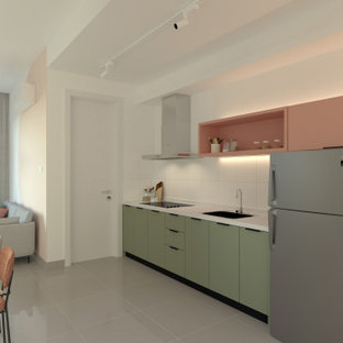 Midcentury l-shaped kitchen in Other with a single-bowl sink, open cabinets, pink cabinets and white benchtop.