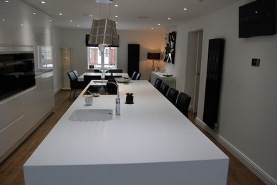 Inspiration for a modern kitchen/diner in Other with flat-panel cabinets, white cabinets and an island.