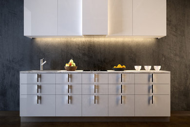 Inspiration for a small modern single-wall dark wood floor eat-in kitchen remodel in Miami with a drop-in sink, flat-panel cabinets, white cabinets, marble countertops, metallic backsplash, stone slab backsplash and no island