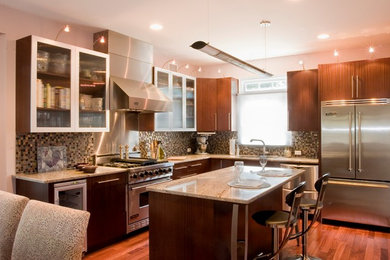 Mid-sized trendy l-shaped medium tone wood floor and brown floor eat-in kitchen photo in New York with an undermount sink, flat-panel cabinets, medium tone wood cabinets, multicolored backsplash, ceramic backsplash, stainless steel appliances and an island