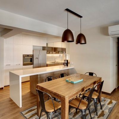 Danish medium tone wood floor eat-in kitchen photo in Singapore with a double-bowl sink, quartzite countertops, white backsplash, stainless steel appliances and an island