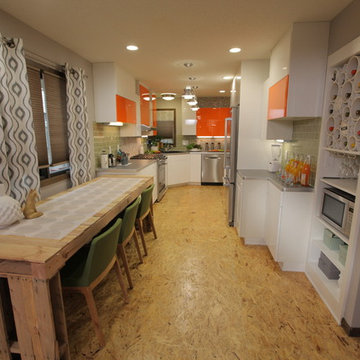 Retro modern remodel, bottle cap backsplash, particle board floors and more!