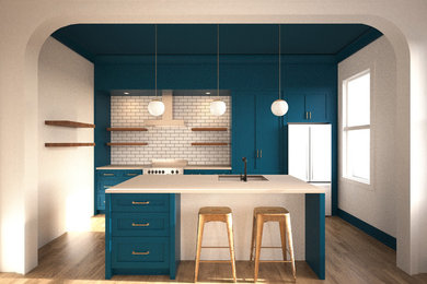 Photo of a small traditional single-wall kitchen/diner in New York with a submerged sink, shaker cabinets, blue cabinets, composite countertops, white splashback, metro tiled splashback, stainless steel appliances, light hardwood flooring and an island.
