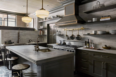 Eat-in kitchen - mid-sized transitional l-shaped porcelain tile eat-in kitchen idea in Philadelphia with an undermount sink, shaker cabinets, gray cabinets, gray backsplash, stainless steel appliances, an island and concrete countertops
