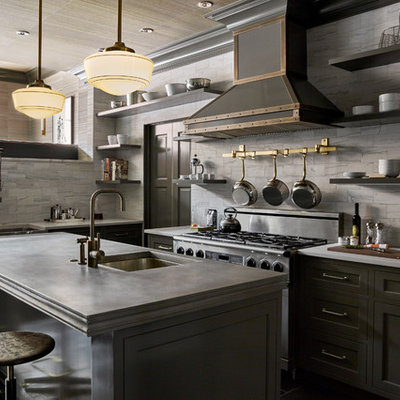 Eat-in kitchen - mid-sized transitional l-shaped porcelain tile eat-in kitchen idea in Philadelphia with an undermount sink, shaker cabinets, gray cabinets, gray backsplash, stainless steel appliances, an island and concrete countertops