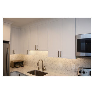 Rockville, MD All White Quartz Condo Kitchen Countertops - Transitional