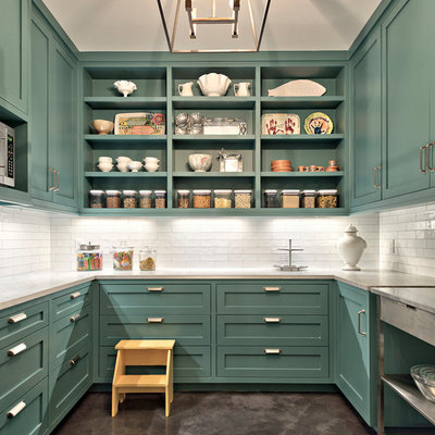 Kitchen pantry - large country u-shaped concrete floor and gray floor kitchen pantry idea in Austin with open cabinets, white backsplash, marble countertops, subway tile backsplash, stainless steel appliances, an island, white countertops and green cabinets