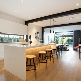 Photo of a mid-sized contemporary u-shaped eat-in kitchen in Sydney with a double-bowl sink, recessed-panel cabinets, white cabinets, quartz benchtops, grey splashback, window splashback, stainless steel appliances, medium hardwood floors, with island, brown floor and white benchtop.