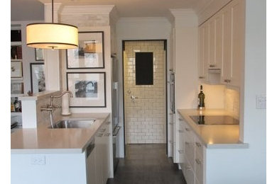 Example of a trendy galley eat-in kitchen design in Toronto with an undermount sink, shaker cabinets, white cabinets, quartz countertops, multicolored backsplash and stainless steel appliances