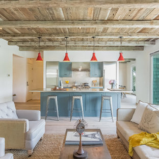 Coastal open concept kitchen remodeling - Inspiration for a coastal galley light wood floor open concept kitchen remodel in New York with shaker cabinets, blue cabinets, stainless steel appliances and an island