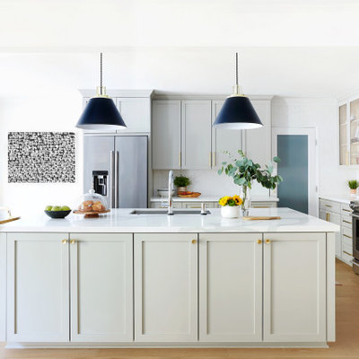 Eat-in kitchen - large contemporary u-shaped medium tone wood floor and brown floor eat-in kitchen idea in Los Angeles with an undermount sink, shaker cabinets, green cabinets, white backsplash, mosaic tile backsplash, stainless steel appliances, an island and white countertops