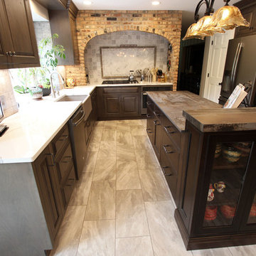 Rustic Alder Cabinets with Apron Front Farm Sink and Dekton Trillum Island