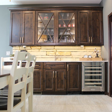 Rustic Alder Gray Stained Kitchen with White Hutch and Island