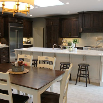 Rustic Alder Gray Stained Kitchen with White Hutch and Island