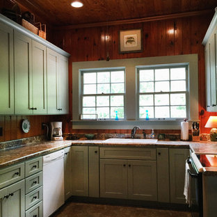 Small country u-shaped separate kitchen in Atlanta with a drop-in sink, shaker cabinets, green cabinets, laminate benchtops, brown splashback, white appliances, vinyl floors and no island.