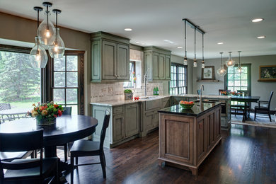 Eat-in kitchen - transitional eat-in kitchen idea in Chicago with beaded inset cabinets and green cabinets