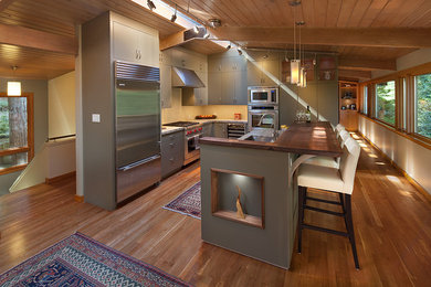 Photo of a medium sized contemporary l-shaped kitchen/diner in San Francisco with a single-bowl sink, flat-panel cabinets, green cabinets, stainless steel appliances and an island.