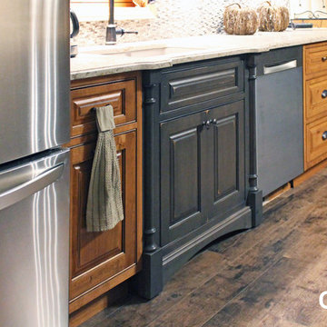 Rustic Knotty Alder Farmhouse Kitchen with Gray Island