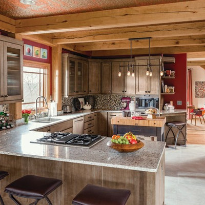 Inspiration for a rustic u-shaped kitchen remodel in Other with an undermount sink, shaker cabinets, dark wood cabinets, multicolored backsplash, stainless steel appliances and an island
