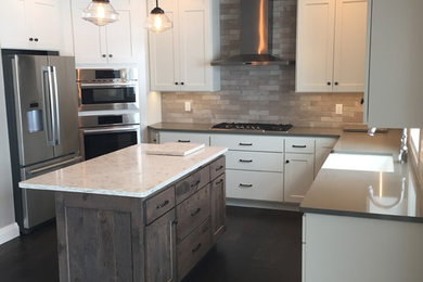 Inspiration for a mid-sized eclectic u-shaped dark wood floor and brown floor eat-in kitchen remodel in Other with an island, an integrated sink, shaker cabinets, white cabinets, beige backsplash and stainless steel appliances