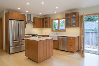 Photo of a medium sized rural l-shaped open plan kitchen in San Francisco with a belfast sink, glass-front cabinets, medium wood cabinets, engineered stone countertops, stainless steel appliances, bamboo flooring, an island, yellow floors and white worktops.