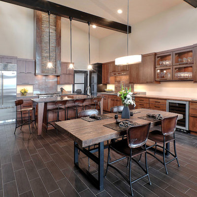Inspiration for a large rustic l-shaped porcelain tile eat-in kitchen remodel in Other with flat-panel cabinets, medium tone wood cabinets, stainless steel appliances and an island