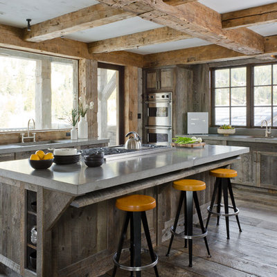 Kitchen - rustic kitchen idea in Other with distressed cabinets, stainless steel appliances, an integrated sink and shaker cabinets