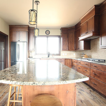 Rustic Stained Knotty Alder Cabinets in L Shaped Kitchen