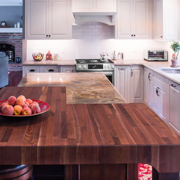 Rustic Walnut Butcher Block and White Perimeter Cabinetry West Chester PA