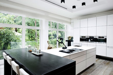 Example of a trendy light wood floor kitchen design in Other with an island, flat-panel cabinets, laminate countertops, stainless steel appliances and an undermount sink