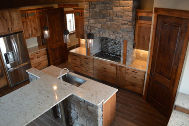 Kitchen - large craftsman u-shaped dark wood floor kitchen idea in Other with an undermount sink, flat-panel cabinets, medium tone wood cabinets, granite countertops, multicolored backsplash, matchstick tile backsplash, stainless steel appliances and an island