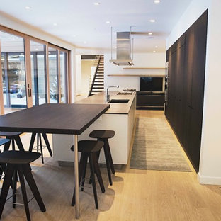 Mid-sized modern galley separate kitchen in Salt Lake City with an undermount sink, flat-panel cabinets, black cabinets, concrete benchtops, stainless steel appliances, light hardwood floors, multiple islands and brown floor.