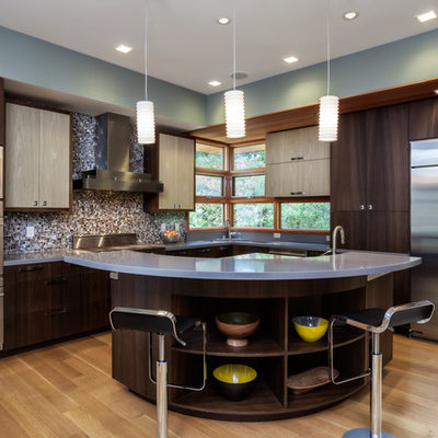 Inspiration for a contemporary l-shaped light wood floor kitchen remodel in San Francisco with flat-panel cabinets, dark wood cabinets, multicolored backsplash, mosaic tile backsplash, stainless steel appliances and an island
