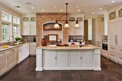 Inspiration for a rustic kitchen remodel in New York with white cabinets and gray backsplash