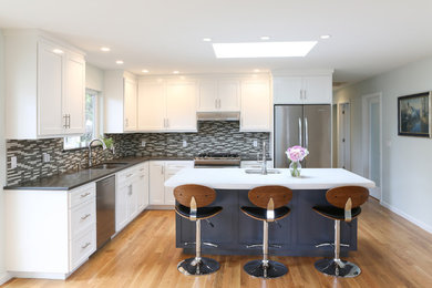 Medium tone wood floor kitchen photo in Other with a single-bowl sink, shaker cabinets, white cabinets, quartz countertops, blue backsplash, mosaic tile backsplash and stainless steel appliances