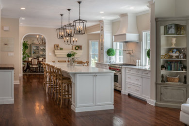 Example of a large trendy galley dark wood floor eat-in kitchen design in Other with a farmhouse sink, raised-panel cabinets, white cabinets, quartzite countertops, white backsplash, stone slab backsplash, stainless steel appliances, an island and white countertops