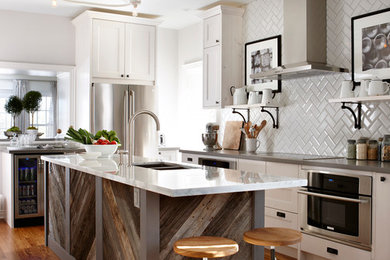 Elegant kitchen photo in Toronto with a double-bowl sink, shaker cabinets, white cabinets, white backsplash, subway tile backsplash and stainless steel appliances