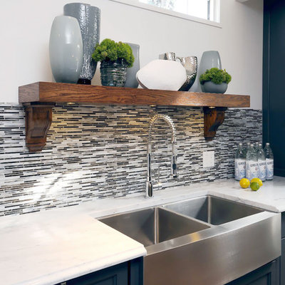 Kitchen - transitional kitchen idea in Other with a farmhouse sink, recessed-panel cabinets, blue cabinets, multicolored backsplash and matchstick tile backsplash