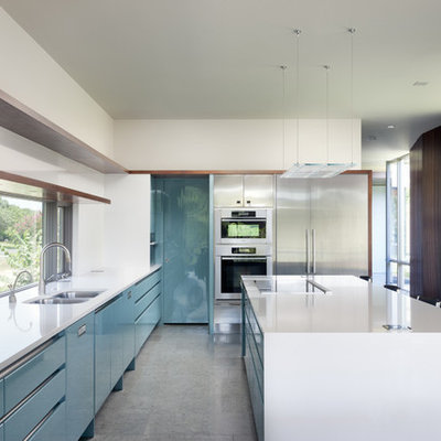 Example of a 1950s kitchen design in Austin with stainless steel appliances, quartz countertops, a double-bowl sink and flat-panel cabinets