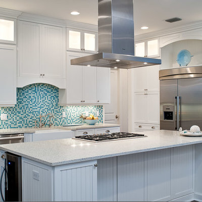 Kitchen - tropical kitchen idea in Miami with a farmhouse sink, shaker cabinets, white cabinets, blue backsplash, mosaic tile backsplash and stainless steel appliances