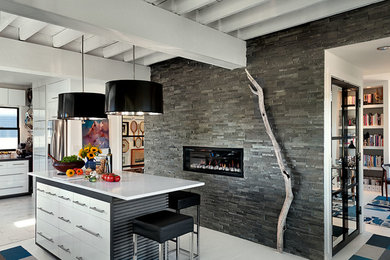Kitchen - modern kitchen idea in Boston with flat-panel cabinets, white cabinets and stainless steel appliances