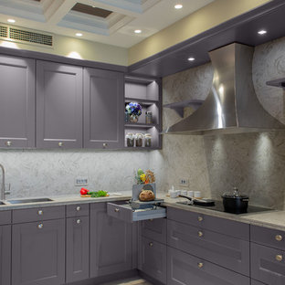 Design ideas for a large eclectic l-shaped open plan kitchen in Other with a double-bowl sink, louvered cabinets, purple cabinets, quartz benchtops, beige splashback, stone slab splashback, coloured appliances, ceramic floors, a peninsula, beige floor and beige benchtop.