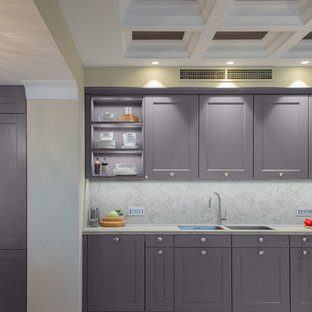 Photo of a large eclectic l-shaped open plan kitchen in Other with a double-bowl sink, louvered cabinets, purple cabinets, quartz benchtops, beige splashback, stone slab splashback, coloured appliances, ceramic floors, a peninsula, beige floor and beige benchtop.