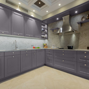 Design ideas for a large eclectic l-shaped open plan kitchen in Other with a double-bowl sink, louvered cabinets, purple cabinets, quartz benchtops, beige splashback, stone slab splashback, coloured appliances, ceramic floors, a peninsula, beige floor and beige benchtop.